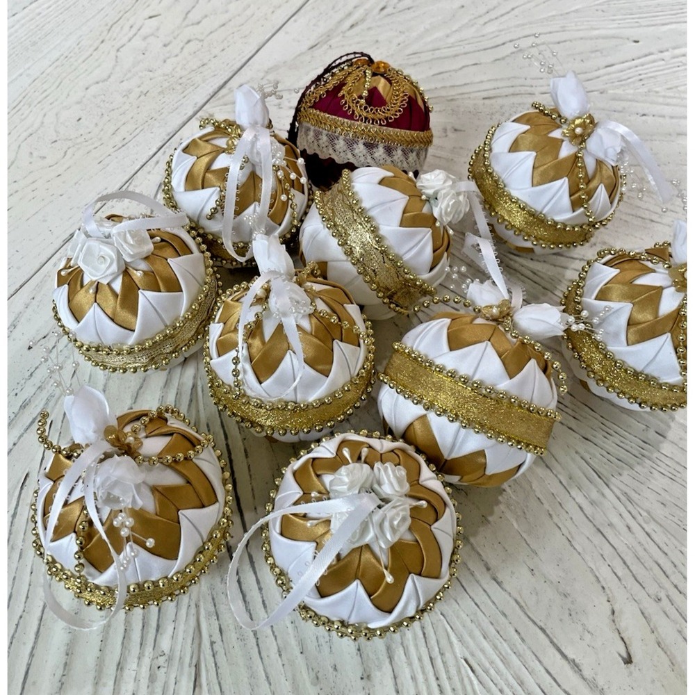 Vtg Handmade Folded Star Quilted Fabric Christmas Ornaments Gold White Lot of 10